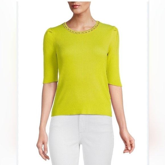 Nanette Lepore Citrine Green Short Sleeve Rhinestone Embellished Sweater L - Picture 1 of 8